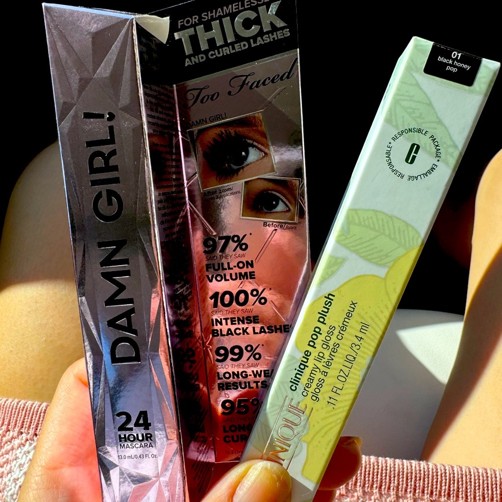 Brand new Too Faced Damn girl 24 hour mascara AND Clinique pop plush lip gloss